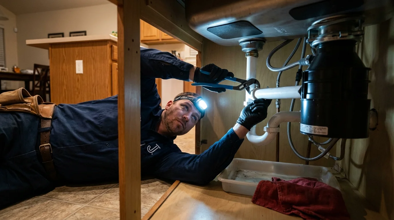 P-trap and supply line connections under a kitchen sink showing a common leak point in Bar Harbor, ME